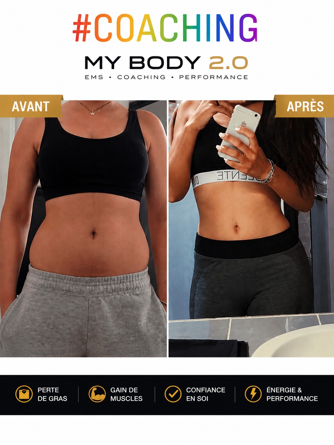 Transformation avant / après d'une cliente MyBody 2.0 — perte de gras et tonification