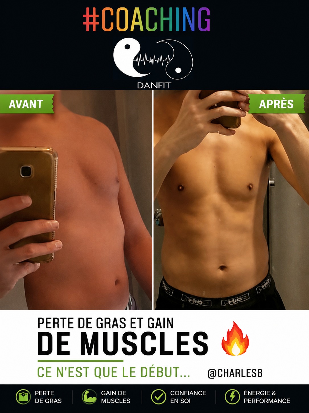 Transformation avant / après d'un client — perte de gras et gain de muscle