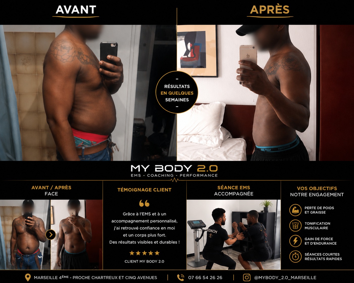 Transformation avant / après d'un client MyBody 2.0 avec témoignage et séance EMS accompagnée
